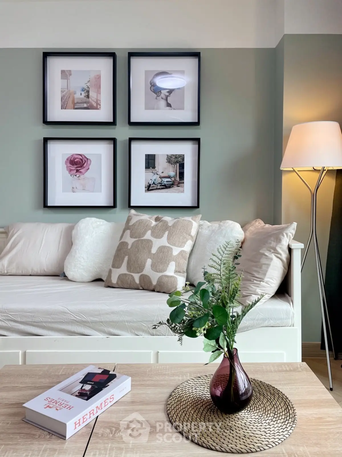 Stylish living room with cozy sofa and elegant decor, perfect for relaxation.