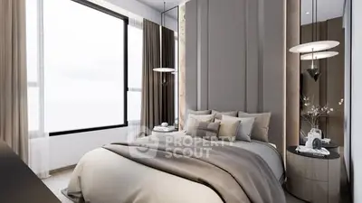 Luxurious modern bedroom with elegant decor and large windows