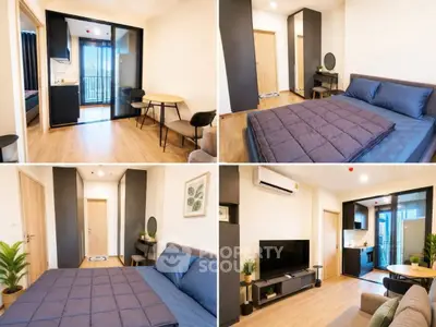 Modern apartment interior with cozy bedroom, stylish living area, and compact kitchen.