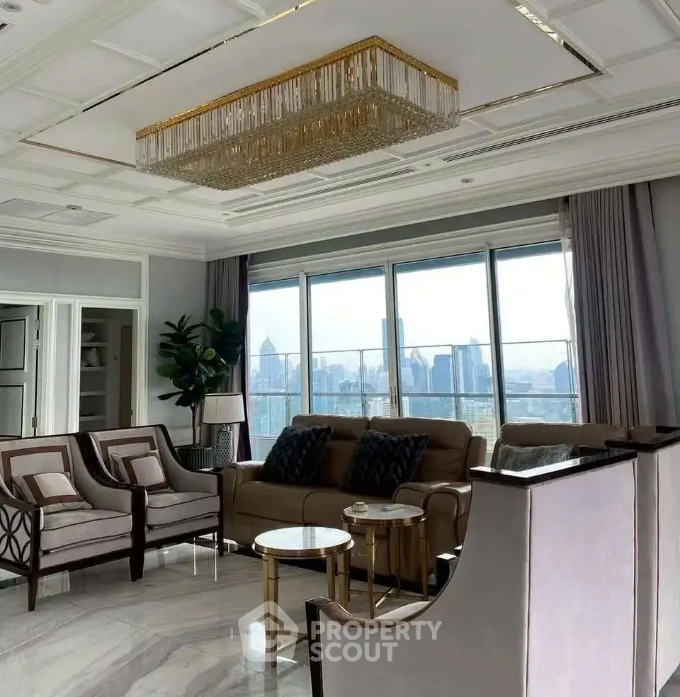 Luxurious living room with panoramic city view and elegant chandelier