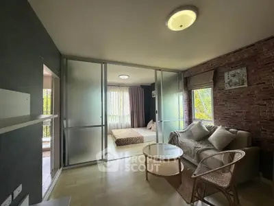 Stylish living room with sliding glass doors and cozy seating area