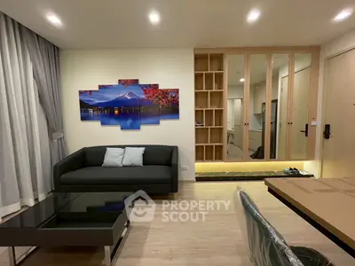 Modern living room with stylish decor and ample storage space