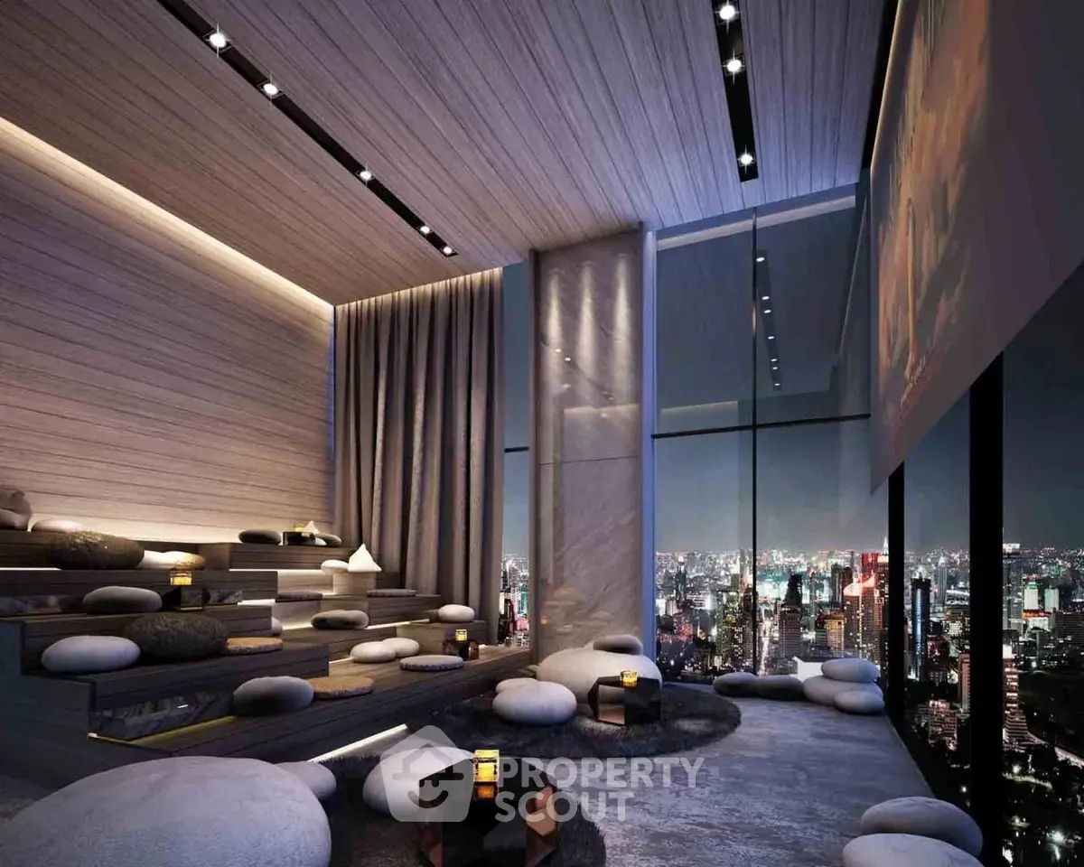 Luxurious modern living room with panoramic city view and elegant decor