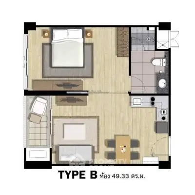 Modern apartment floor plan with bedroom, living area, kitchen, and bathroom layout.