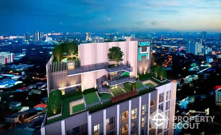 Stunning rooftop view of modern high-rise building with lush greenery and cityscape backdrop.