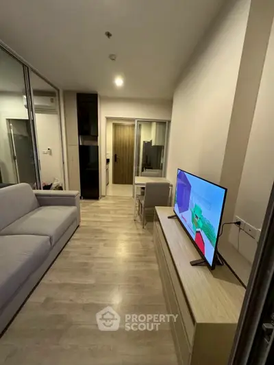 Modern living room with sleek design and cozy ambiance