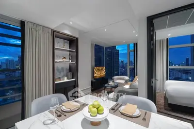 Luxurious modern apartment with stunning city view and elegant dining area