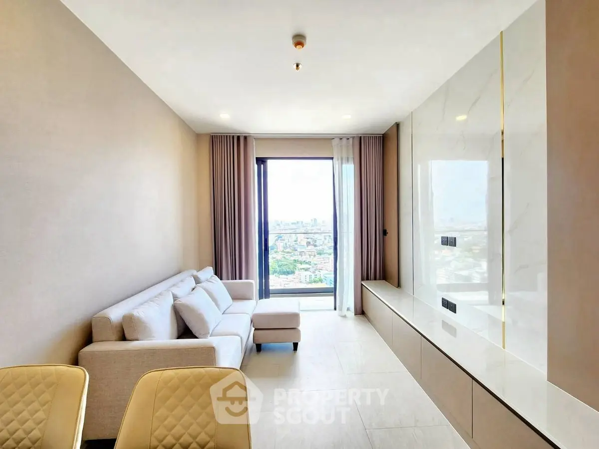 Modern living room with panoramic city view and elegant furnishings