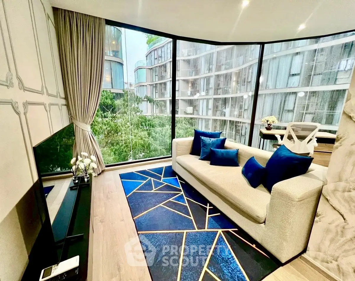 Luxurious modern living room with floor-to-ceiling windows and stylish decor