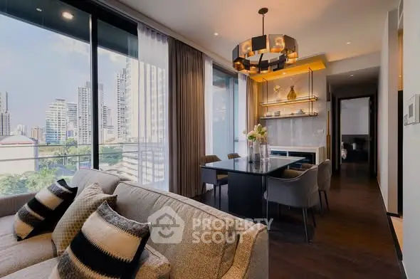 Luxurious modern living room with city view and elegant dining area in high-rise apartment.