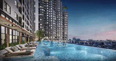 Luxurious high-rise apartment with stunning rooftop infinity pool and city skyline view at dusk.