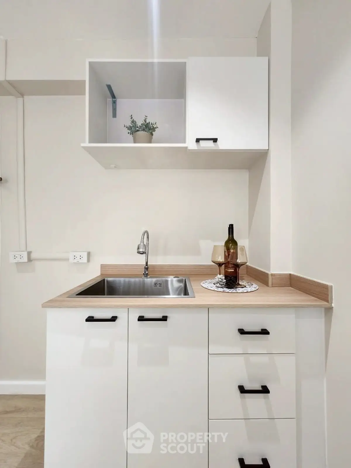 Modern compact kitchen with sleek white cabinets and wooden countertop, featuring a stainless steel sink and decorative plant.