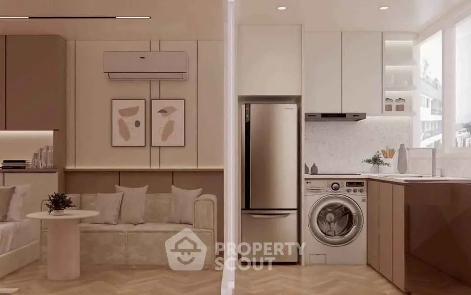Modern open-plan living room with integrated kitchen and appliances.