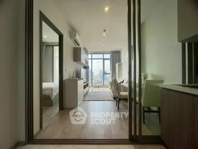Modern apartment interior with open layout and city view