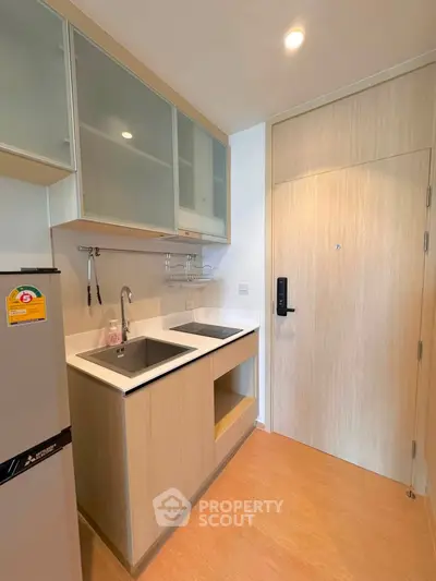 Modern compact kitchen with sleek cabinetry and dual sinks in a stylish apartment.