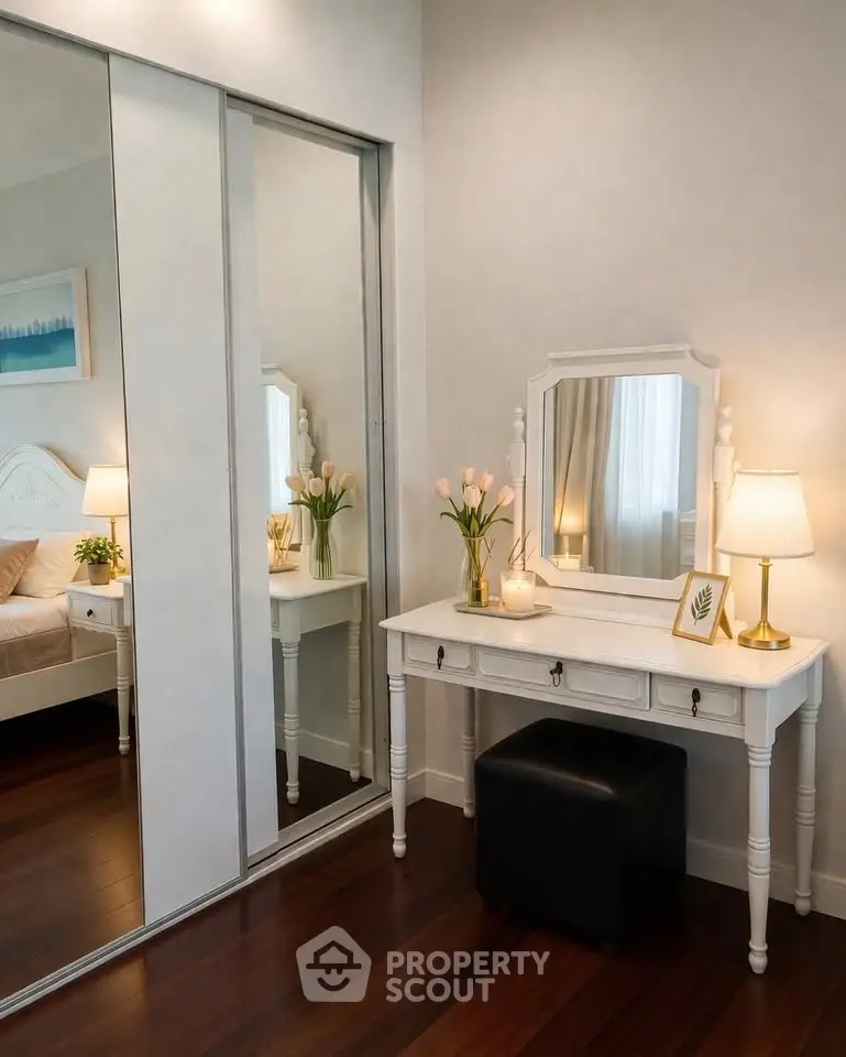Elegant bedroom with mirrored closet and stylish vanity table