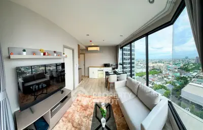 Modern living room with panoramic city view and stylish decor