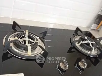 Modern kitchen with sleek gas stove and elegant black countertop