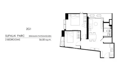 Modern 2-bedroom floor plan at Supalai Parc Ekkamai-Pattanakarn, 56 sq.m. layout with spacious living area.