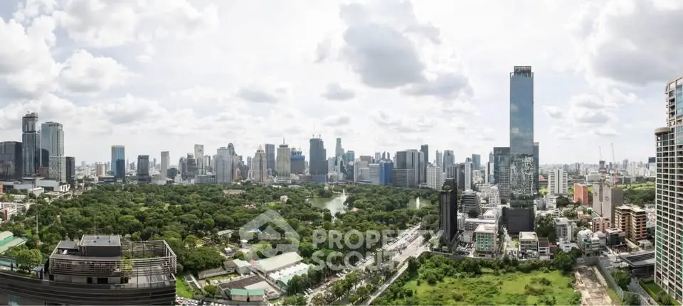 Stunning panoramic cityscape with lush green park and modern skyscrapers under a cloudy sky.