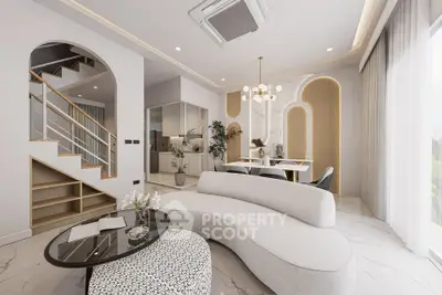 Luxurious modern living room with elegant curved sofa and stylish dining area, featuring contemporary lighting and decor.
