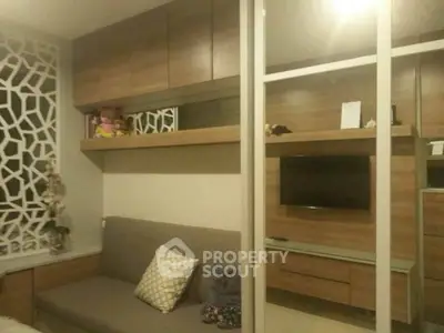 Modern living room with stylish decor and built-in storage solutions