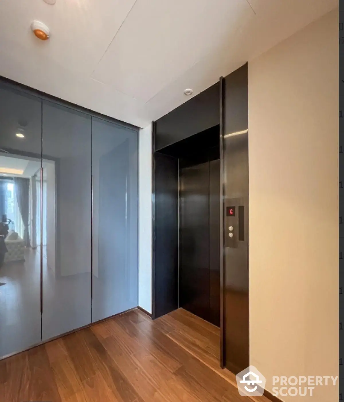 Modern apartment elevator with sleek design and wooden flooring