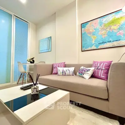 Chic modern living room with cozy sofa and world map decor