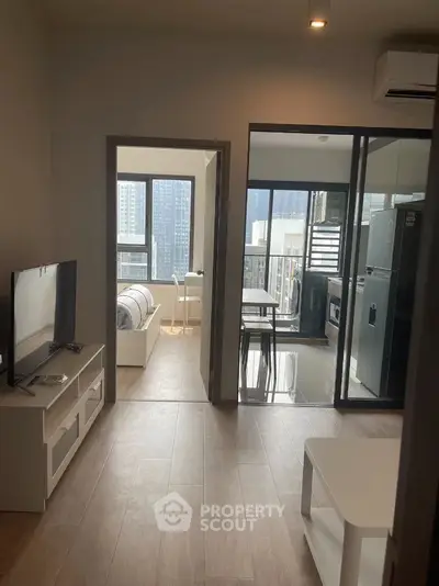 Modern apartment interior with open layout and city view