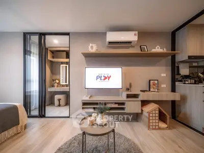 Modern living room with stylish decor and open layout in contemporary apartment