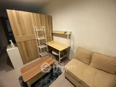 Cozy living room with modern furniture and wooden accents