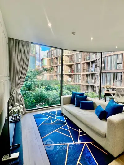 Luxurious living room with floor-to-ceiling windows and stunning view of modern architecture.