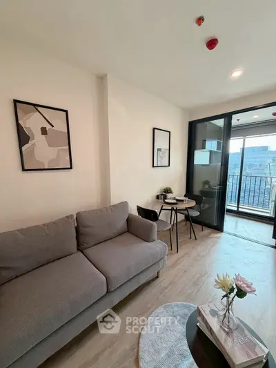 Modern living room with balcony view and stylish decor