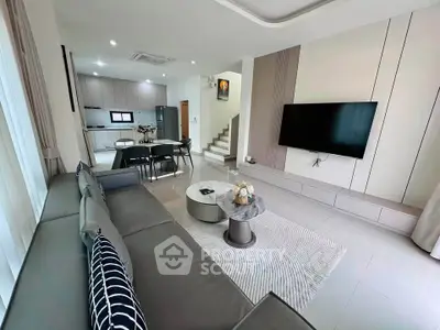 Modern living room with sleek design, open kitchen layout, and stylish furniture in a contemporary home.