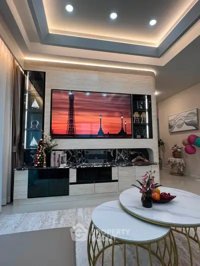 Luxurious living room with modern decor, elegant lighting, and stylish furniture, perfect for sophisticated living.