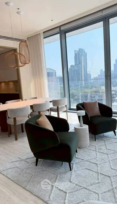 Modern living room with city view, stylish furniture, and large windows.