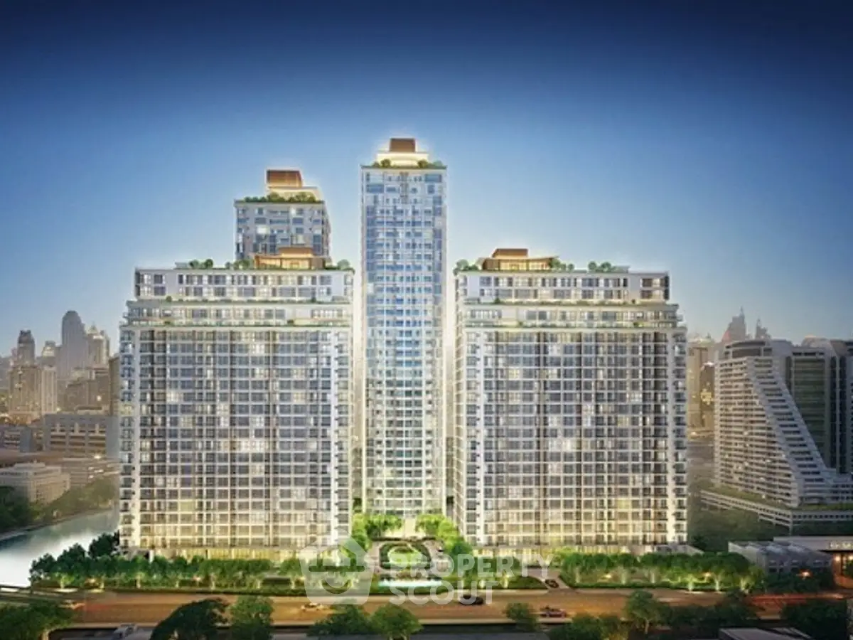 Luxurious high-rise residential building with stunning cityscape views and modern architectural design.