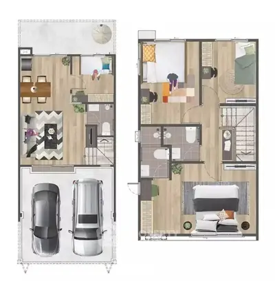 Modern two-story house floor plan with spacious bedrooms and garage.