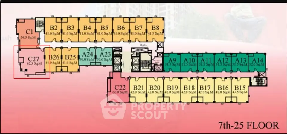 Floor plan layout for 7th to 25th floor with highlighted unit C27.