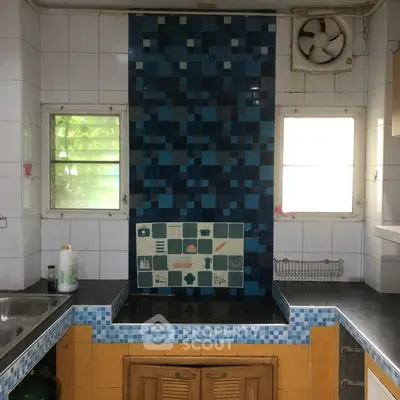 Charming kitchen with unique blue tile backsplash and dual windows for natural light.