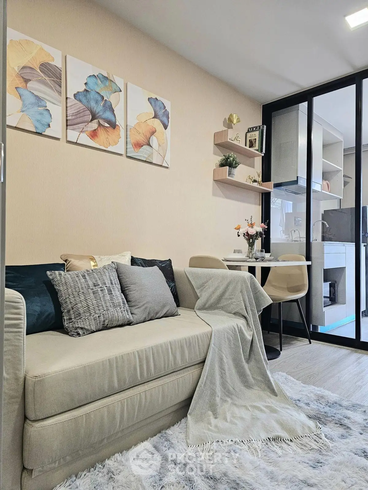 Modern living room with cozy sofa and stylish decor in open layout apartment