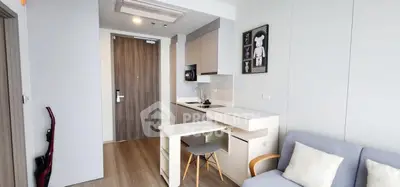 Modern compact living room with kitchenette and stylish decor