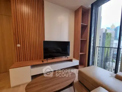 Modern living room with sleek wooden accents and city view balcony