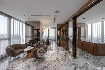 Luxurious modern living room with marble floors and panoramic city views