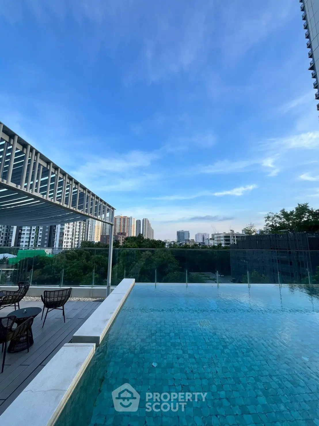 Stunning rooftop pool with city skyline view in modern residential complex