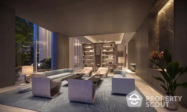 Luxurious open-plan living space with elegant furniture, modern design, and floor-to-ceiling windows offering a serene view, perfect for upscale urban living.