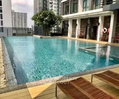 Luxurious rooftop pool with stunning city views in modern apartment complex.