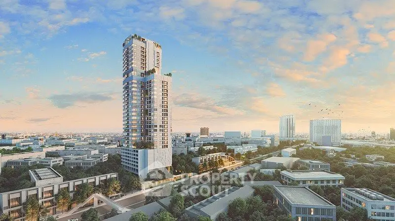 Stunning high-rise building with panoramic city views at sunset, perfect for luxury urban living.