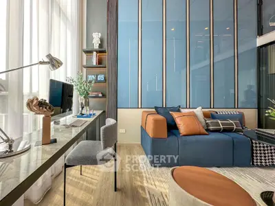 Modern living room with stylish furniture and large windows for natural light