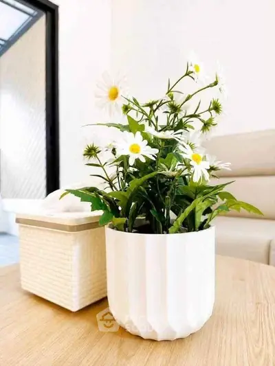Elegant interior with a stylish potted plant on a wooden table, enhancing modern living room decor.